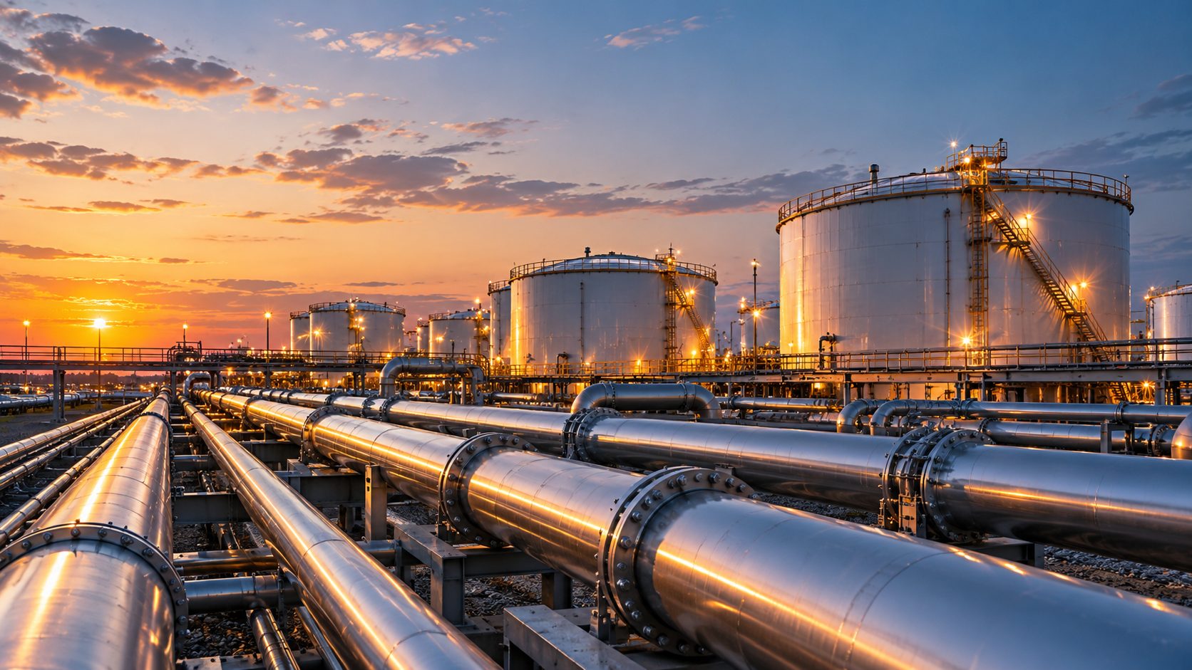 Steel pipelines leading toward lit storage tanks at dusk