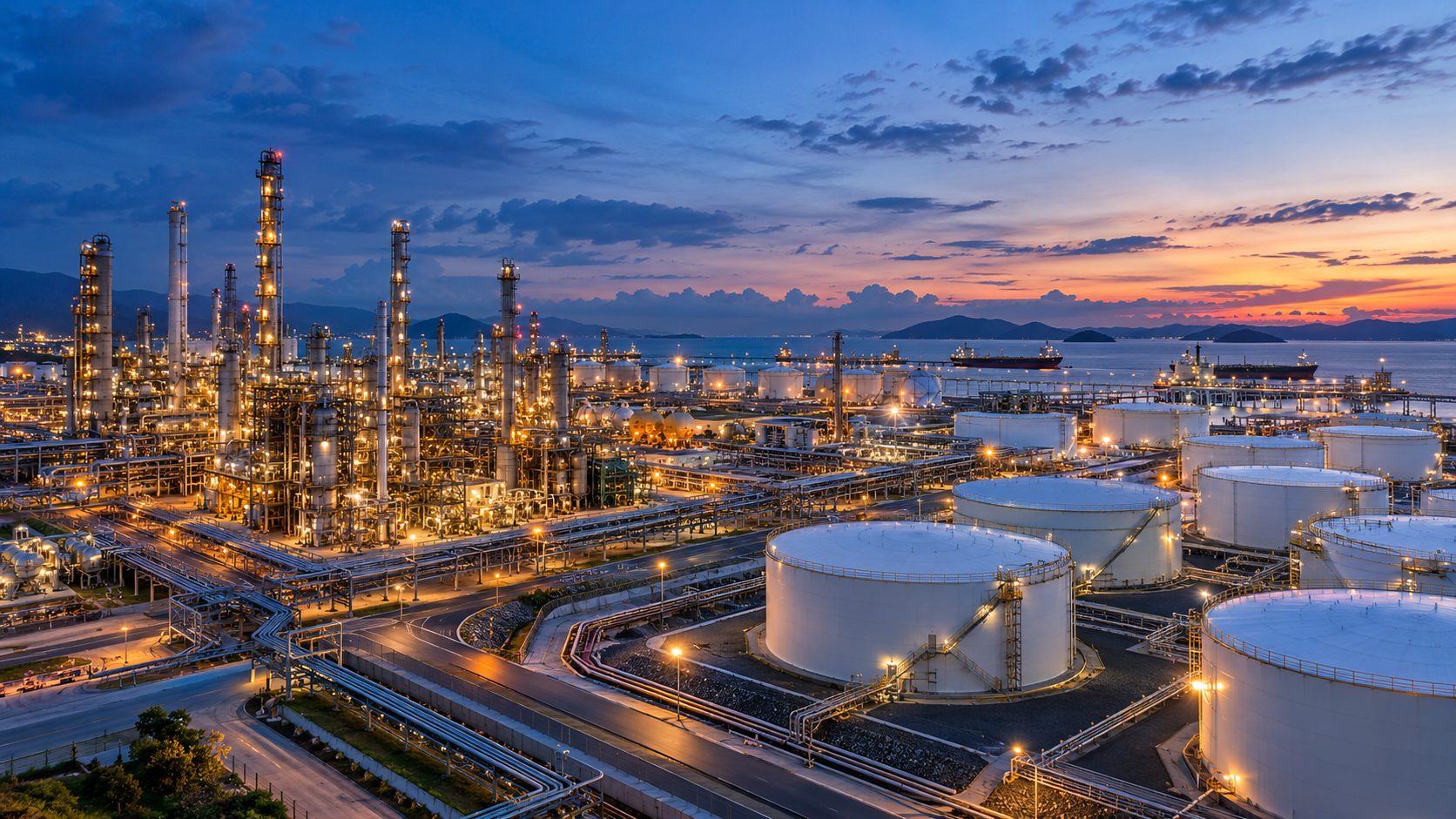Wide aerial view of a refinery and tank terminal at dusk, with ships in the bay