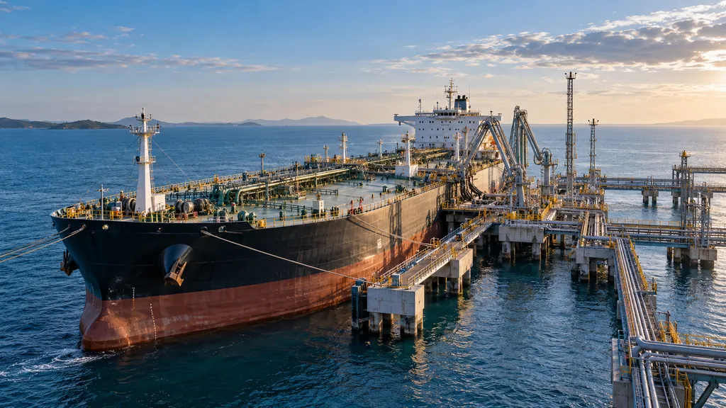 A tanker berthed at a terminal jetty with loading arms connected